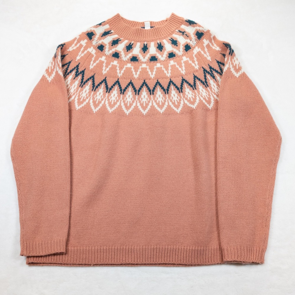 Nordic Fair Isle Sweater Women L Pink Preppy Fisherman Cabincore Cottagecore